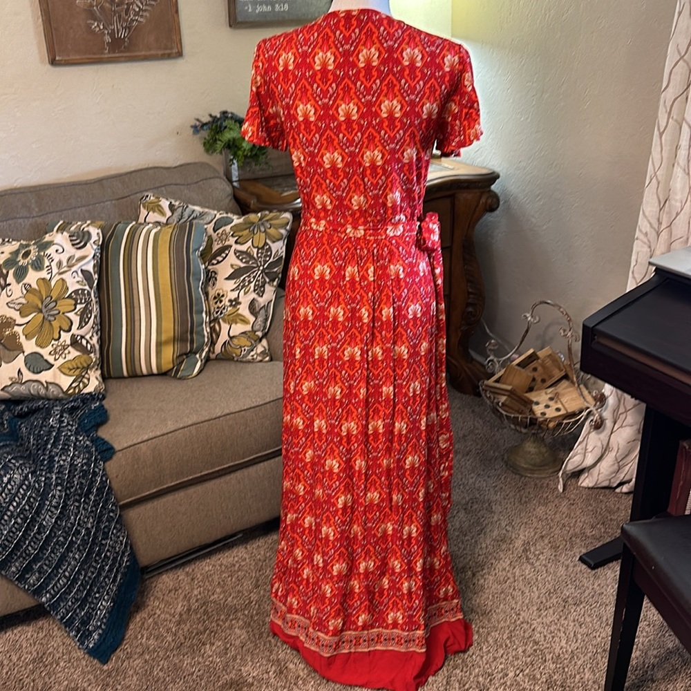 NEW Sexy Boho Style Wrap Floral Print Summer Long Red gold V-Neck Maxi Dress M - Picture 10 of 17